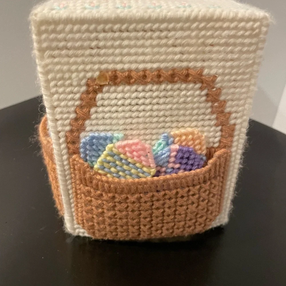 Vintage Crochet Kleenex Box with pastel Easter eggs and basket